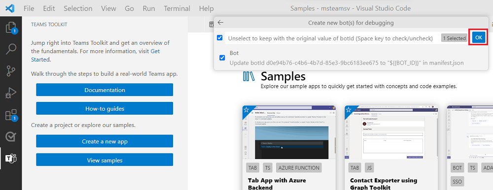 Capture d’écran montrant teams Toolkit avec OK option mise en évidence en rouge.