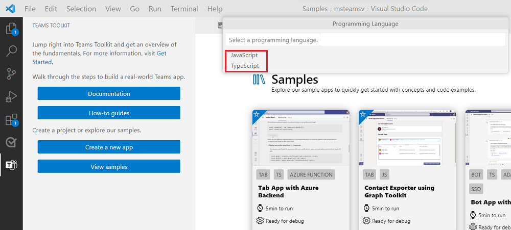 Capture d’écran montrant Teams Toolkit avec Sélectionner un langage de programmation mis en évidence en rouge.