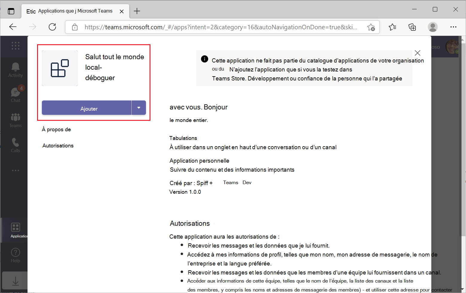 Capture d’écran de la boîte de dialogue détails de l’application pour ajouter l’application onglet dans Teams.