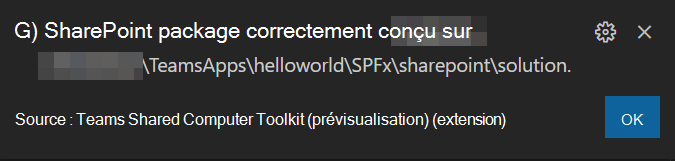 Capture d’écran du message package d’application SPFx