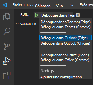 Capture d’écran montrant le menu déroulant de débogage dans teams Toolkit.