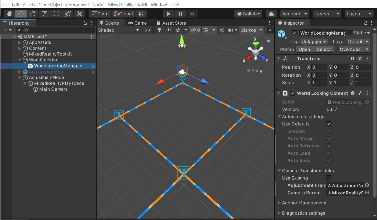 Capture d’écran Unity de la configuration la plus simple