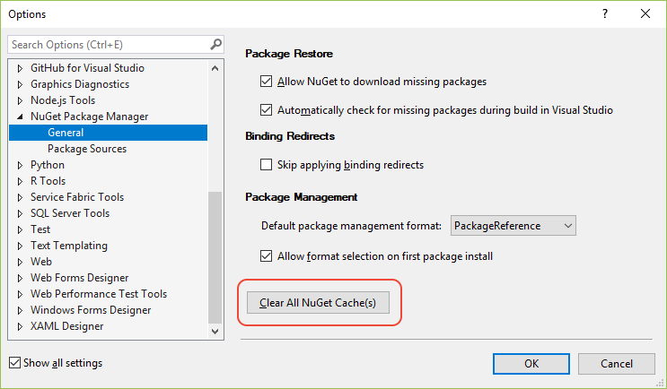 Commande d’option NuGet pour effacer les caches