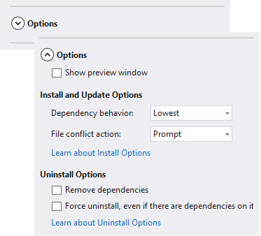 Capture d’écran montrant le contrôle Options du gestionnaire de package NuGet développé.