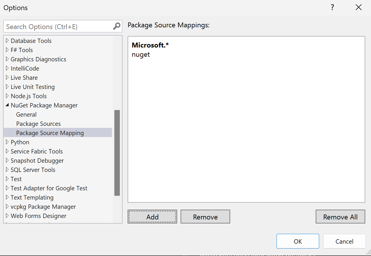 Page d’options de mappages de sources de package montrant le mappage source nouvellement créé.