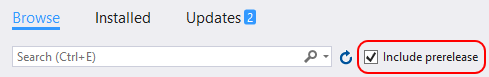The Include prerelease checkbox in Visual Studio