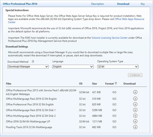 Capture d’écran de la page de téléchargement Office Professionnel Plus 2016, montrant des instructions spéciales et des paramètres de téléchargement pour différents fichiers d’installation d’Office.