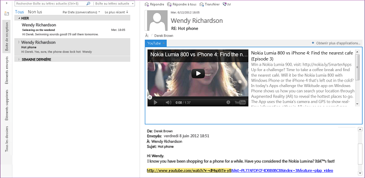 Application de messagerie avec YouTube dans Outlook