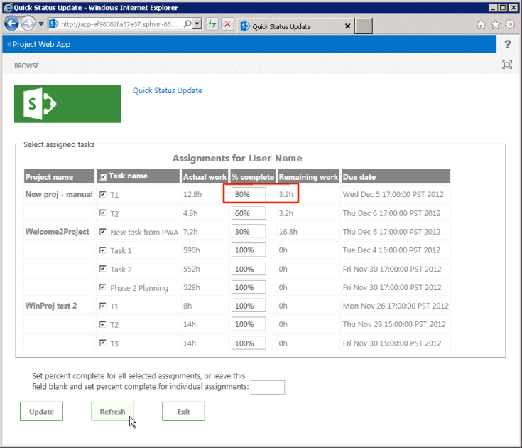 Actualisation de la page QuickStatus