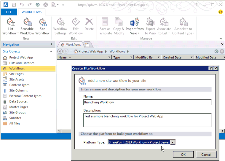 Création d’un flux de travail de site Project Server