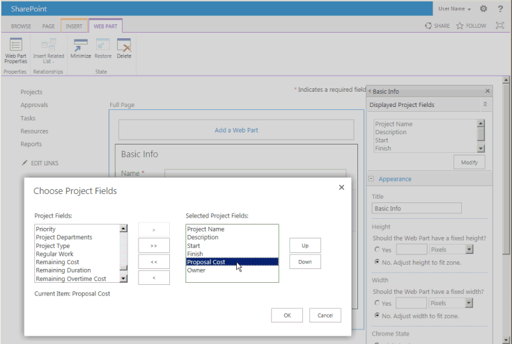 Modification du composant WebPart Champs de projet dans un PDP