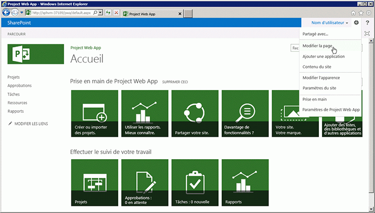 Modification de la page d’accueil dans Project Web Access