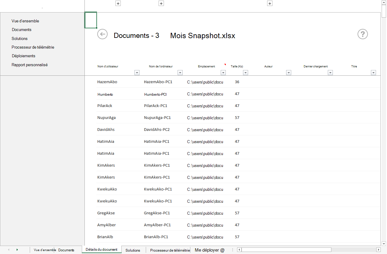 Capture d’écran des détails du document pour trois mois Snapshot.xlsx y compris des informations sur l’utilisateur et l’ordinateur.