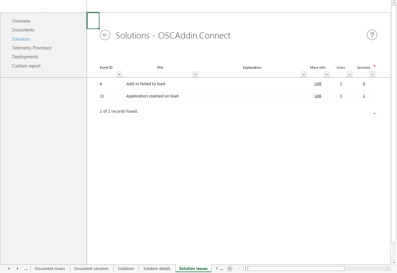 Capture d’écran des problèmes de solution pour OSCAddin.Connect montrant les échecs de chargement et les incidents.