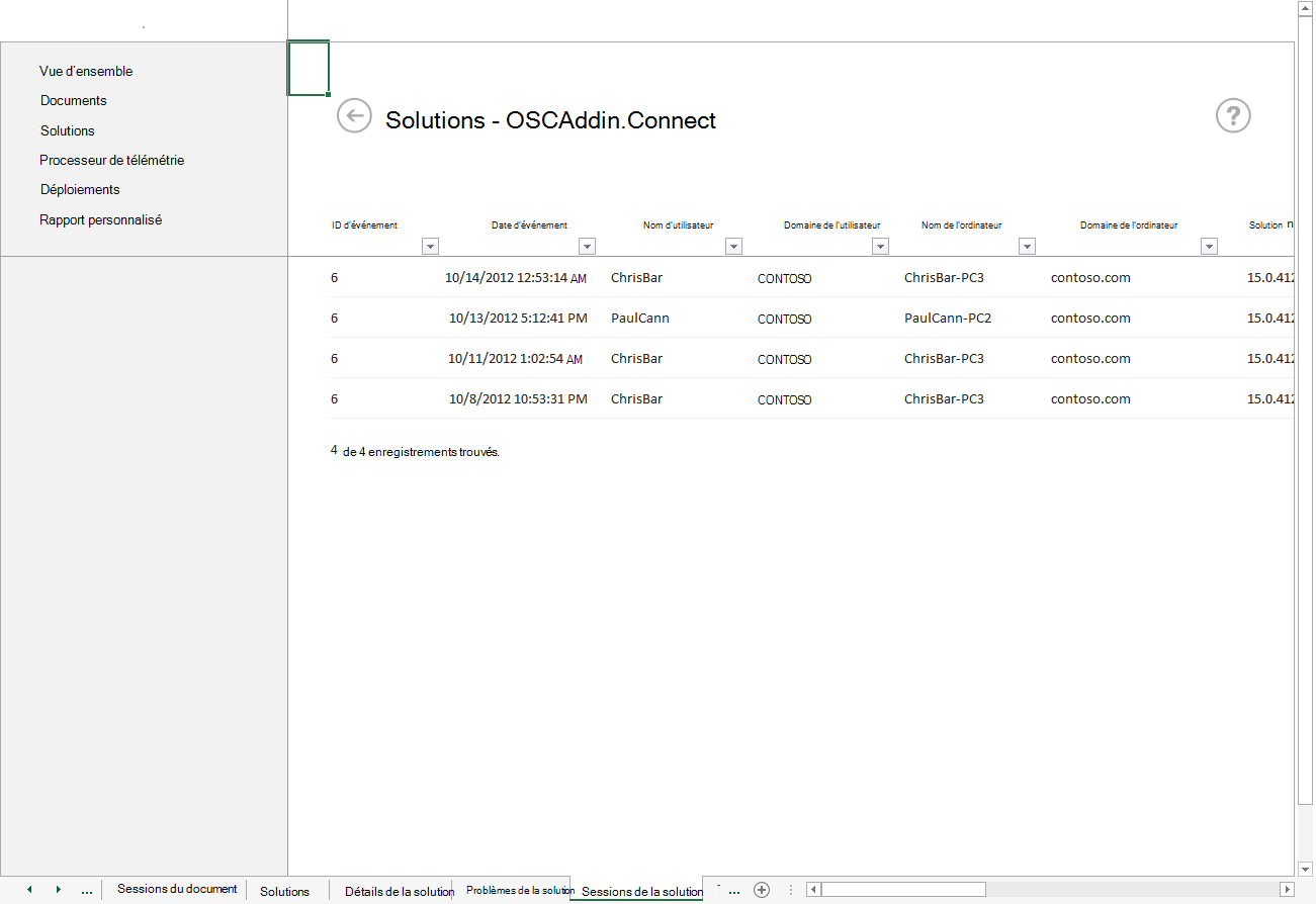 Capture d’écran des sessions de solution pour OSCAddin.Connect avec les détails de l’événement et les informations utilisateur.