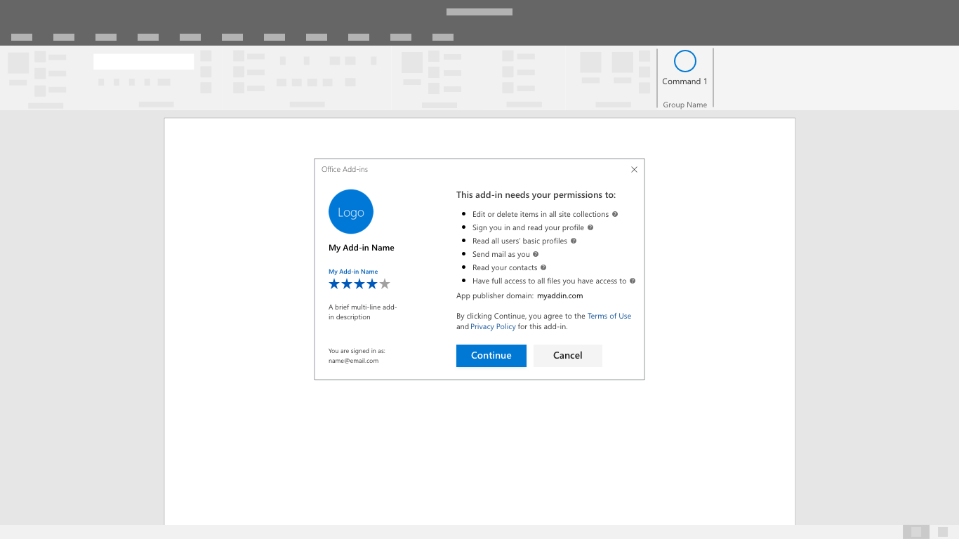 Fenêtre de consentement dans une application Office lorsqu’un complément est installé.
