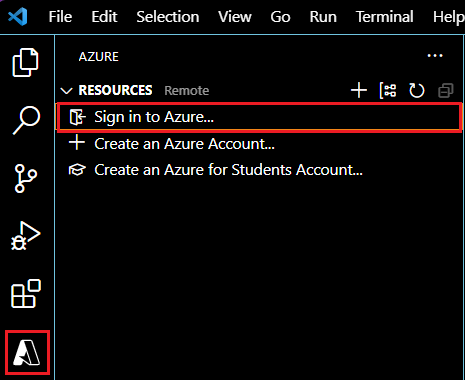 Bouton Se connecter à Azure sélectionné dans l’extension Azure.
