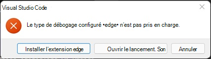 Erreur qui dit que le type de débogage configuré bord n'est pas pris en charge.