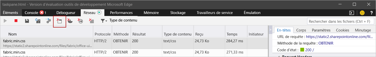 Microsoft Edge DevTools avec le bouton Effacer le cache mis en évidence.