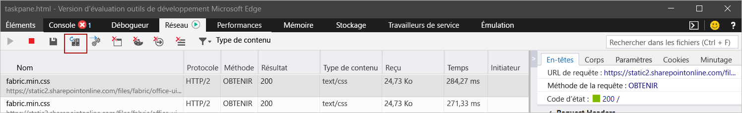 Microsoft Edge DevTools avec le bouton Toujours actualiser à partir du serveur mis en évidence.