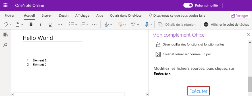 Le complément a été conçu à partir de cette présentation, où le bouton du ruban Afficher le volet des tâches a été utilisé pour ouvrir le volet des tâches dans OneNote.