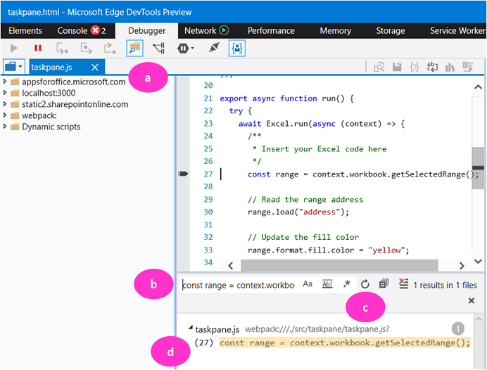 Onglet débogage Edge DevTools avec 4 parties étiquetées de A à D.