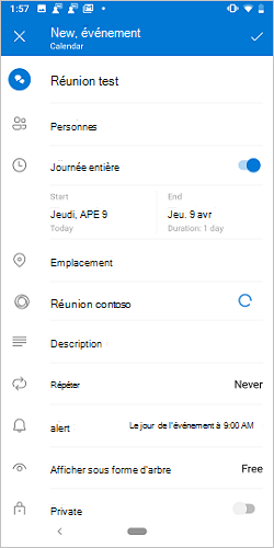 L’écran Créer une réunion sur Android avec un bouton bascule Contoso de chargement.