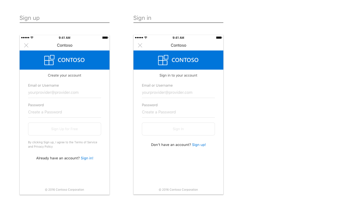 Exemples de pages pour se connecter et s’inscrire sur iOS.