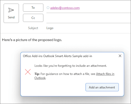 Boîte de dialogue avec un bouton Ne pas envoyer personnalisé demandant à l’utilisateur d’ajouter une pièce jointe au message.