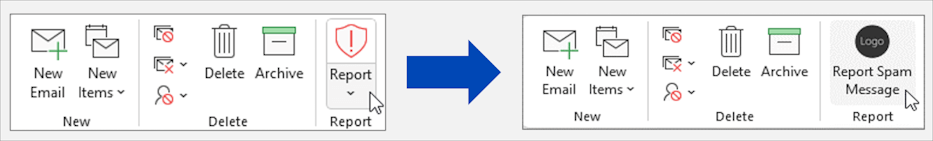 Exemple de complément de création de rapports de courrier indésirable intégré qui remplace le bouton Rapport dans le ruban Outlook.