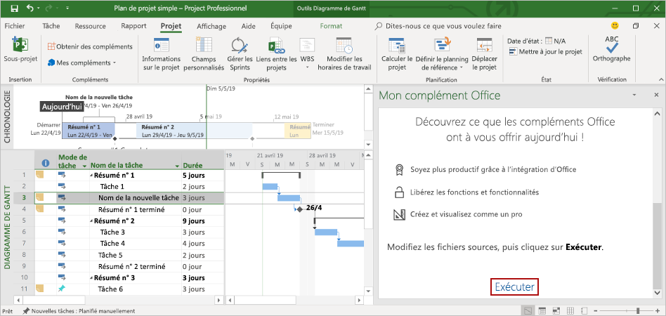 L'application Project avec le complément du volet Office chargé.