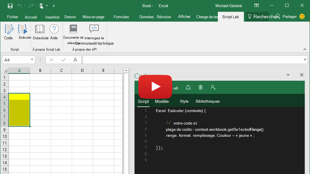 Courte vidéo montrant Script Lab en cours d’exécution dans Excel, Word et PowerPoint.