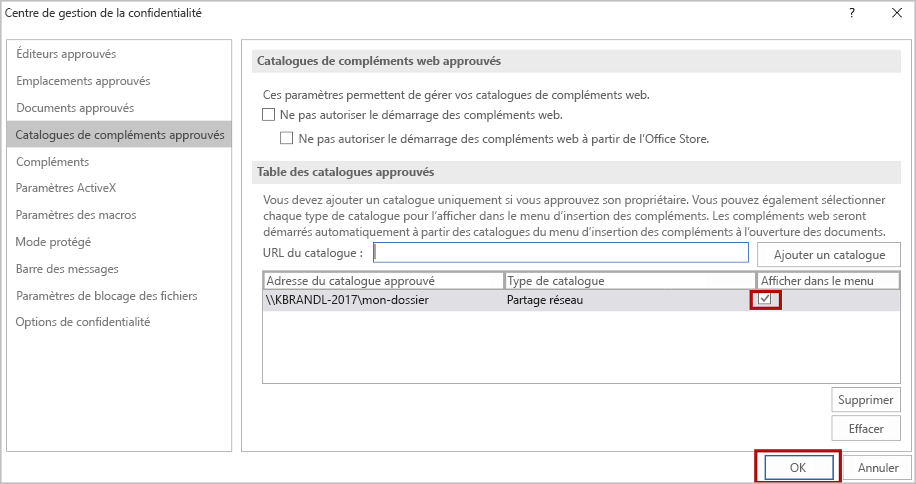 Boîte de dialogue Centre de gestion de la confidentialité avec le catalogue sélectionné.