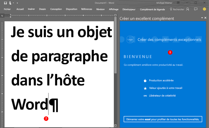 Complément exécuté dans un volet Office de Word.