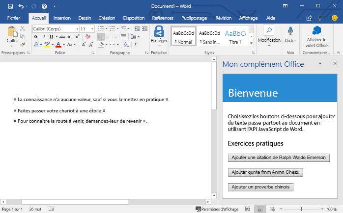 L’application Word avec le complément réutilisable chargé.