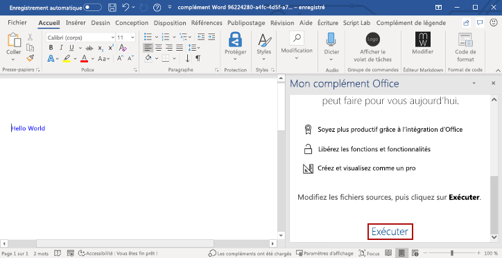 L’application Word avec le complément du volet Office chargé.