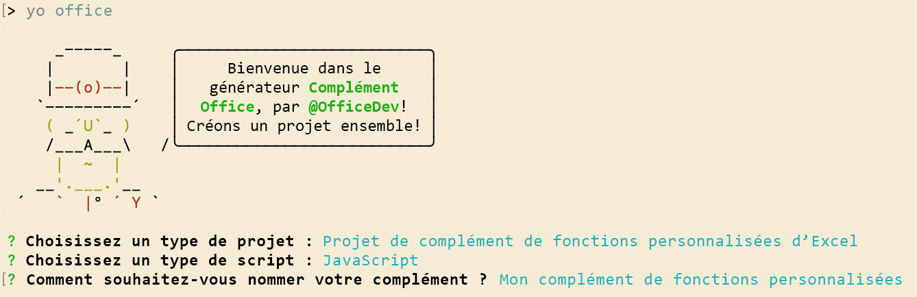 L’interface de ligne de commande du générateur de compléments Office Yeoman invite à entrer des projets de fonctions personnalisées.