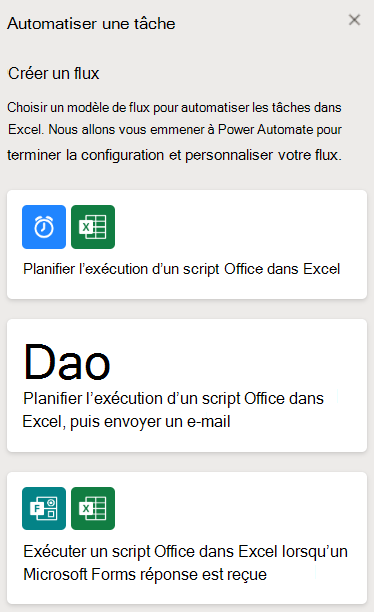 Volet Office affichant des options de modèle de flux telles que « Planifier l’exécution d’un script Office dans Excel, puis envoyer un e-mail » et « Exécuter un script Office dans Excel lorsqu’une réponse Microsoft Forms est reçue ».