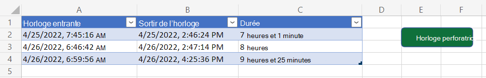 Tableau avec trois colonnes ( « Horloge entrante », « Horloge sortante » et « Durée ») et un bouton intitulé « Horloge perforée » dans le classeur.