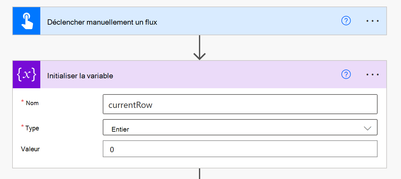 Étape « Initialiser la variable » terminée pour « currentRow ».