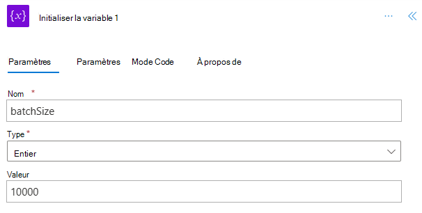 Étape « Initialiser la variable » terminée pour « batchSize ».