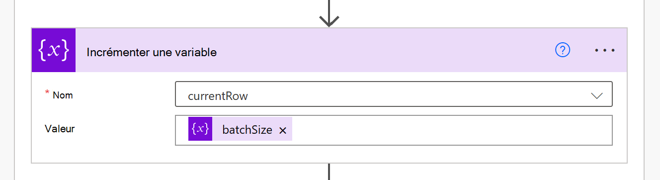 Étape « Incrémenter la variable » terminée pour « currentRow ».