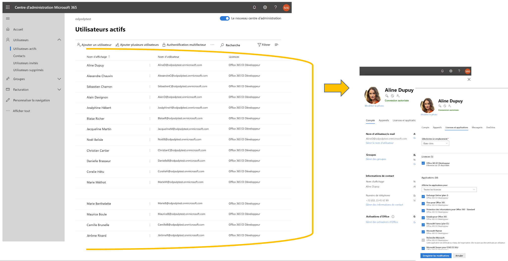 Capture d’écran représentant la liste de 16 utilisateurs dans le Centre d’administration Microsoft 365 ainsi que les métadonnées d’un utilisateur sélectionné