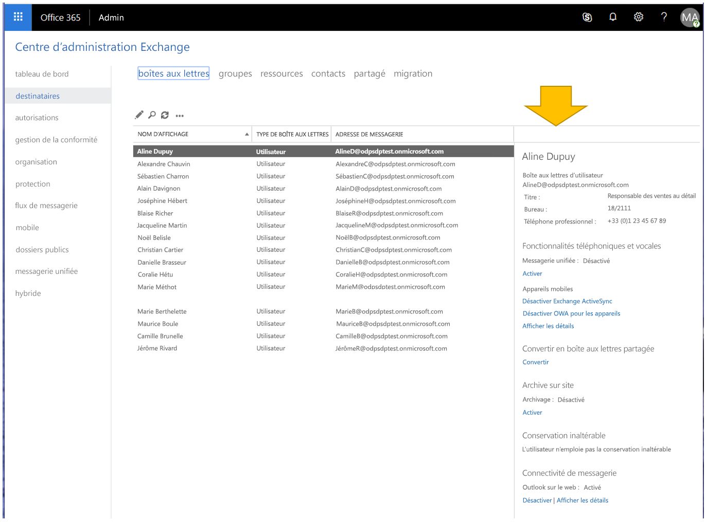 Capture d’écran de 16 utilisateurs ajoutés au Centre d’administration Exchange
