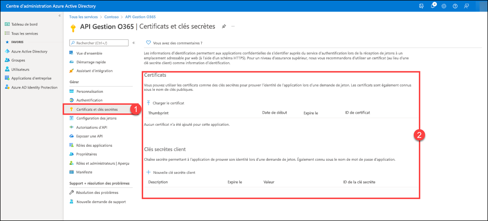 La page Certificats et secrets de l'application