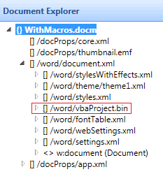 Partie vbaProject affichée dans le document Explorer