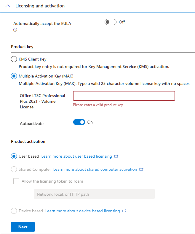 Capture d’écran de la page qui permet de sélectionner des options de licence et d’activation.