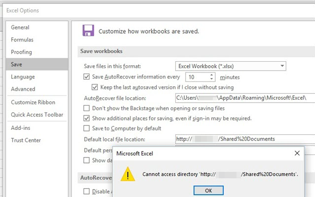 Capture d’écran du message d’erreur après la modification de l’emplacement d’enregistrement par défaut à un emplacement SharePoint.