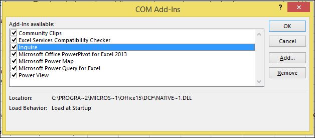 Capture d’écran de la fenêtre Compléments COM avec la zone Inquire case activée sélectionnée.