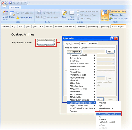 Capture d’écran de la boîte de dialogue Propriétés de la zone de formulaire, montrant le champ Frequent Flyer sélectionné pour le lier au contrôle de zone de texte.